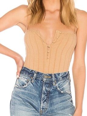 Privacy Please Ribbed Strapless Beige Bodysuit Top